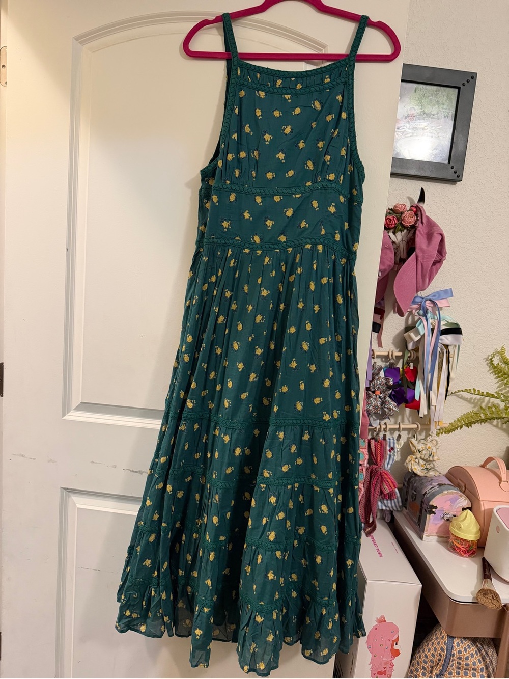 Free People Green Maxi Dress with Yellow Floral Print